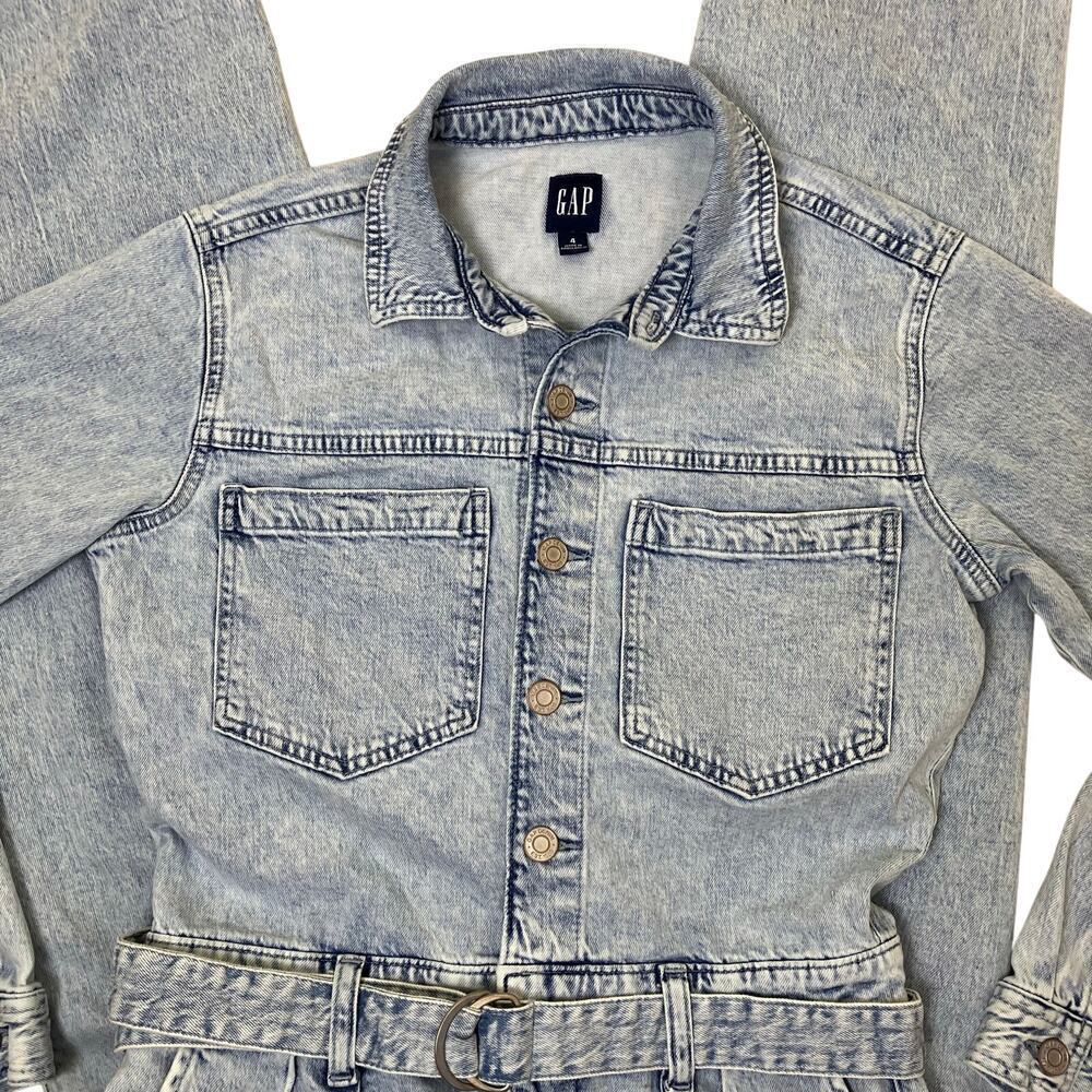 GAP Sz 4 Long Sleeve Belted Denim Jumpsuit Light Wash Indigo 90s Retro Utility - Picture 5 of 16
